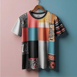 Artistic Patchwork Graphic Unisex T-Shirt – Multicolor Retro & Modern Fusion