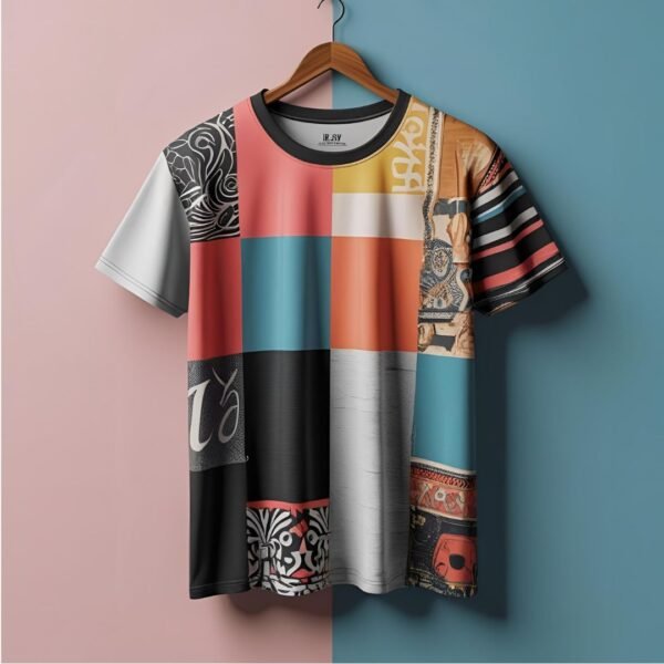 Artistic Patchwork Graphic Unisex T-Shirt – Multicolor Retro & Modern Fusion