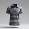 Men’s Striped Polo Shirt – Blue, White & Coral Trim
