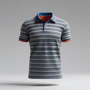 Men’s Striped Polo Shirt – Blue, White & Coral Trim