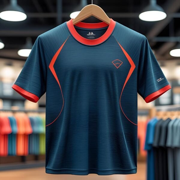 Men’s Performance Sports T-Shirt – Navy Blue with Red Accents